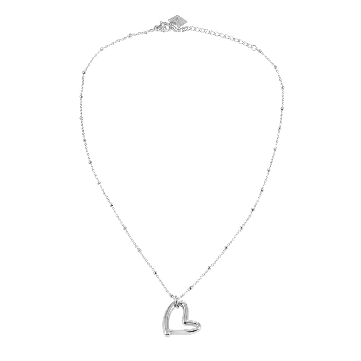 SMITTEN Silver (White Gold): Dainty Beaded Chain Anchoring an Abstract Heart Shaped Pendant