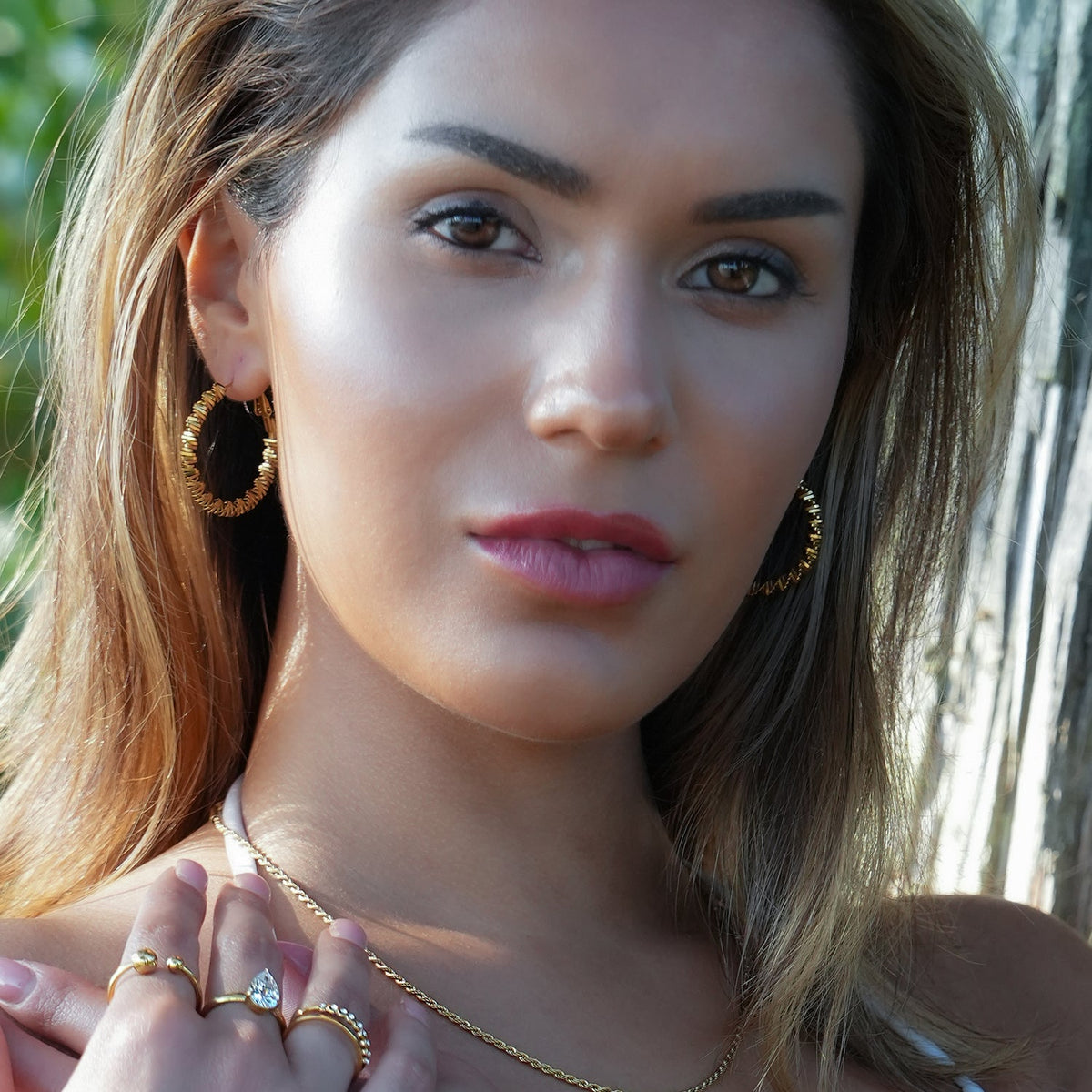 SPRINGDALE Gold: Textured Geometric Square Beaded Hoop Earrings
