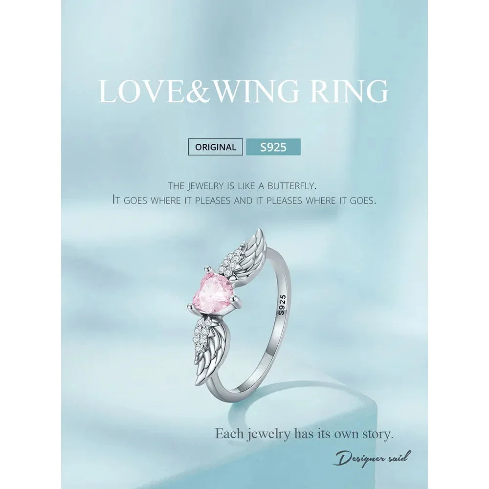 925 Sterling Silver Pink Heart Wing CZ Ring