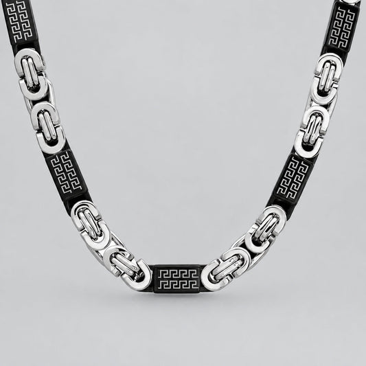 SteelTime Men's Two Tone Stainless Steel and Black IP Byzantine Necklace with Greek Key Accents