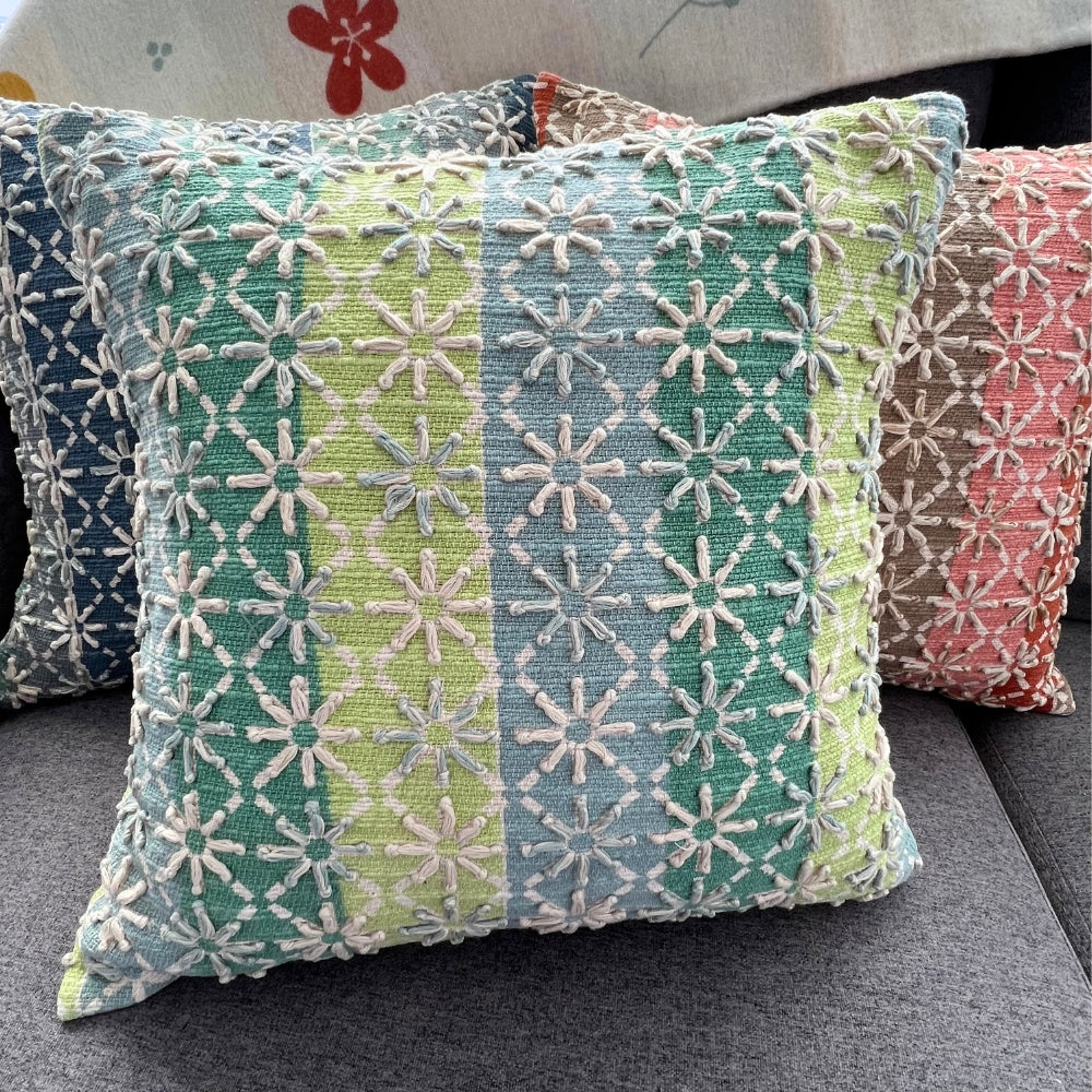 16x16" Geometric Embroidered Cotton Pillow Cover – Starburst Pattern, Paper Silk Back