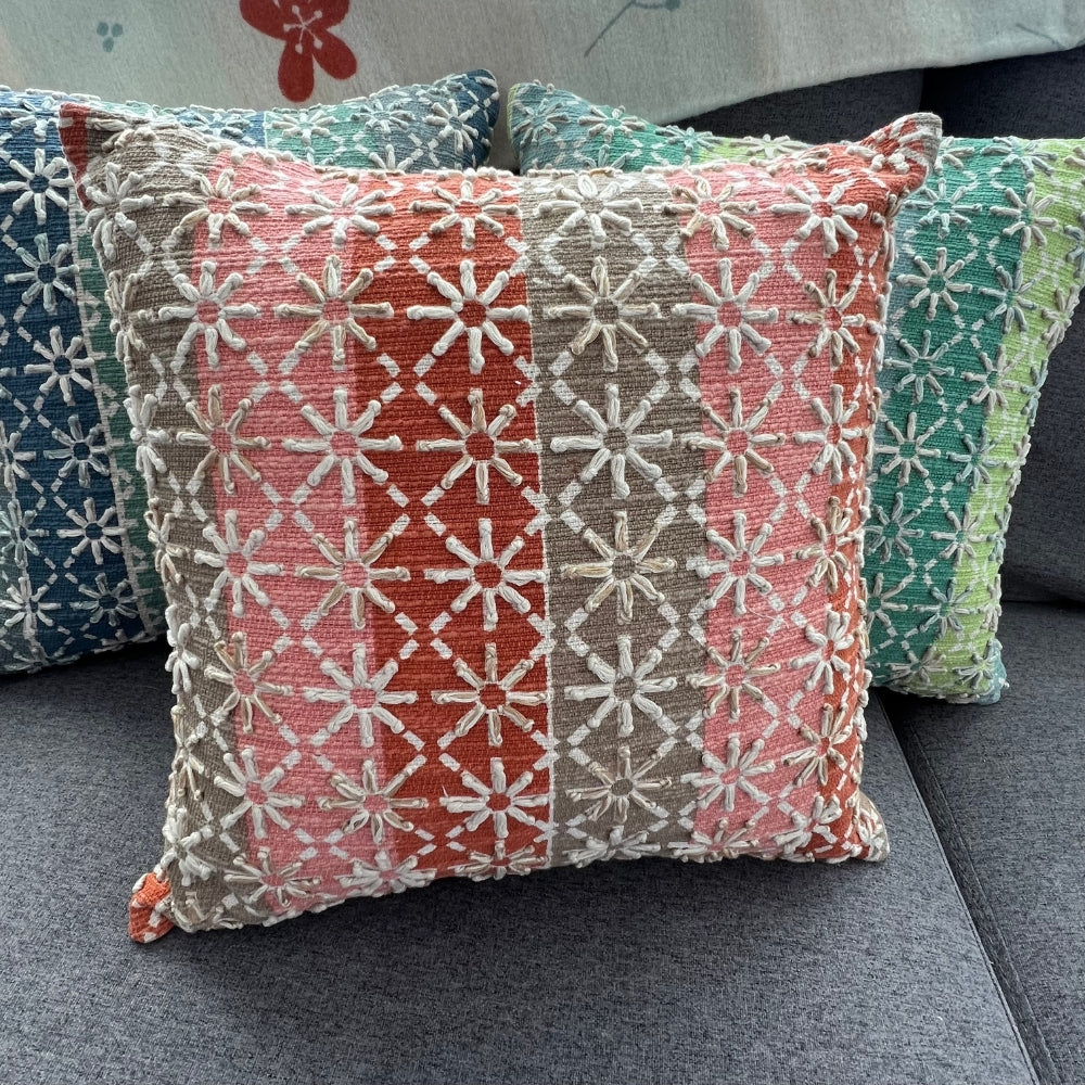 16x16" Geometric Embroidered Cotton Pillow Cover – Starburst Pattern, Paper Silk Back