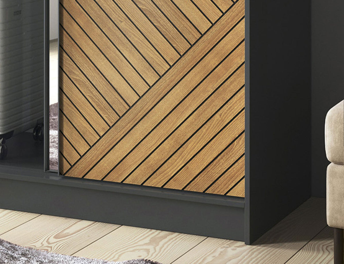 Marrphy Mirrored 2 Sliding Door Freestanding Wardrobe - Black/Oak Caramel