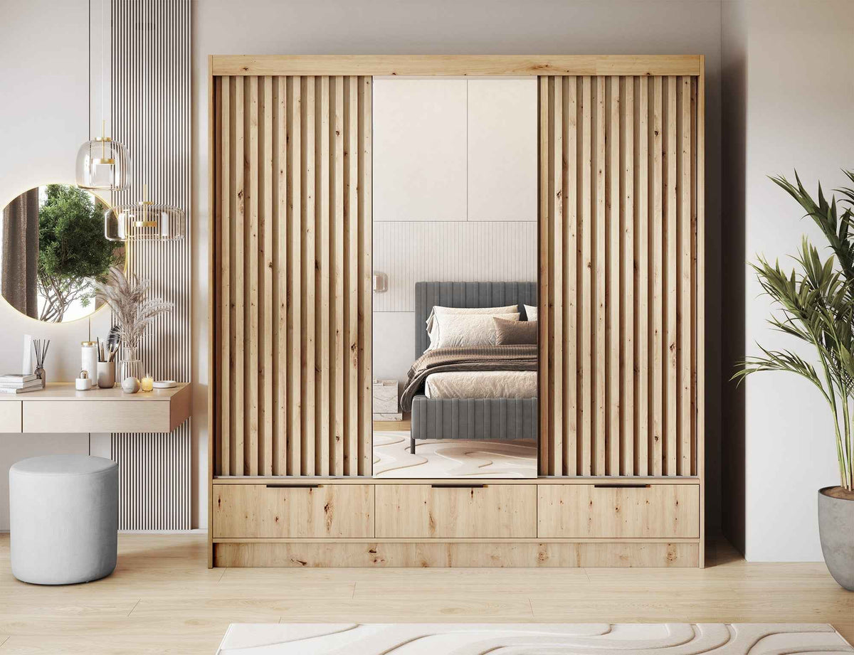Voodi III Oak Wood Paneled Free Standing Wardrobe - Light Artisan Oak