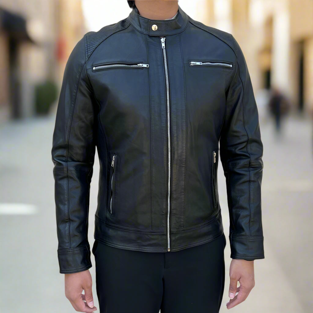 Men’s Sheep Leather Jacket | Stand Snap Collar & Silver Hardware