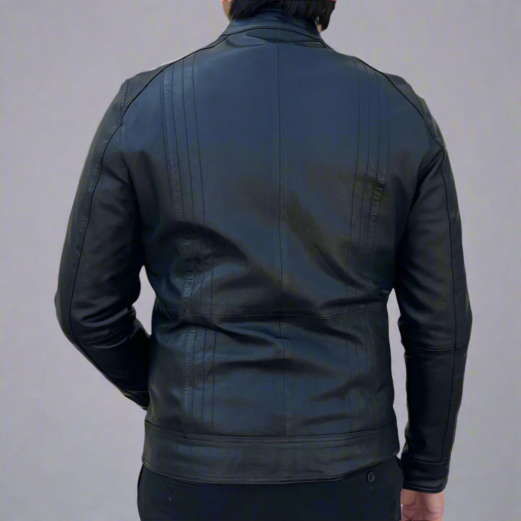 Men’s Sheep Leather Jacket | Stand Snap Collar & Silver Hardware
