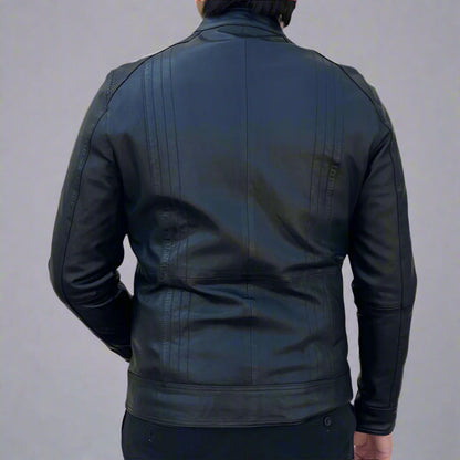 Men’s Sheep Leather Jacket | Stand Snap Collar & Silver Hardware