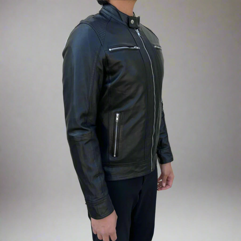 Men’s Sheep Leather Jacket | Stand Snap Collar & Silver Hardware