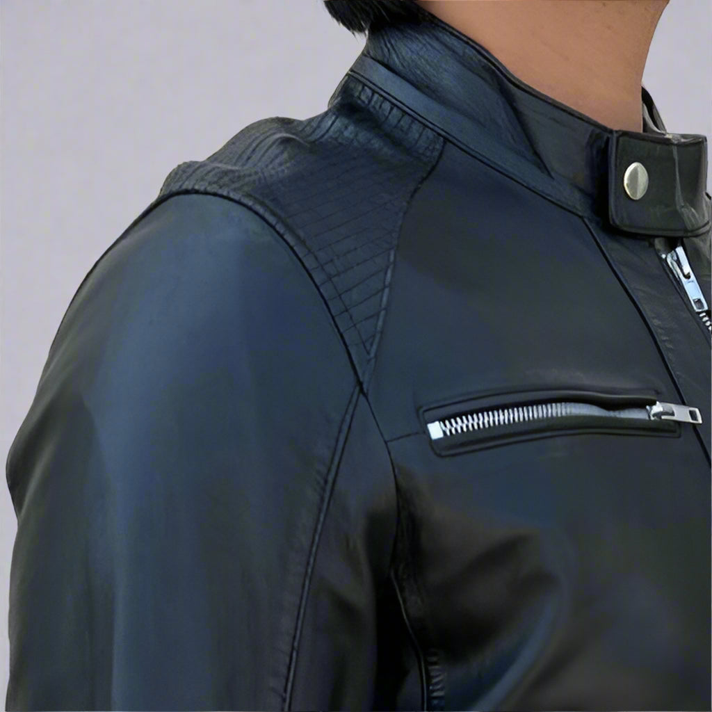 Men’s Sheep Leather Jacket | Stand Snap Collar & Silver Hardware