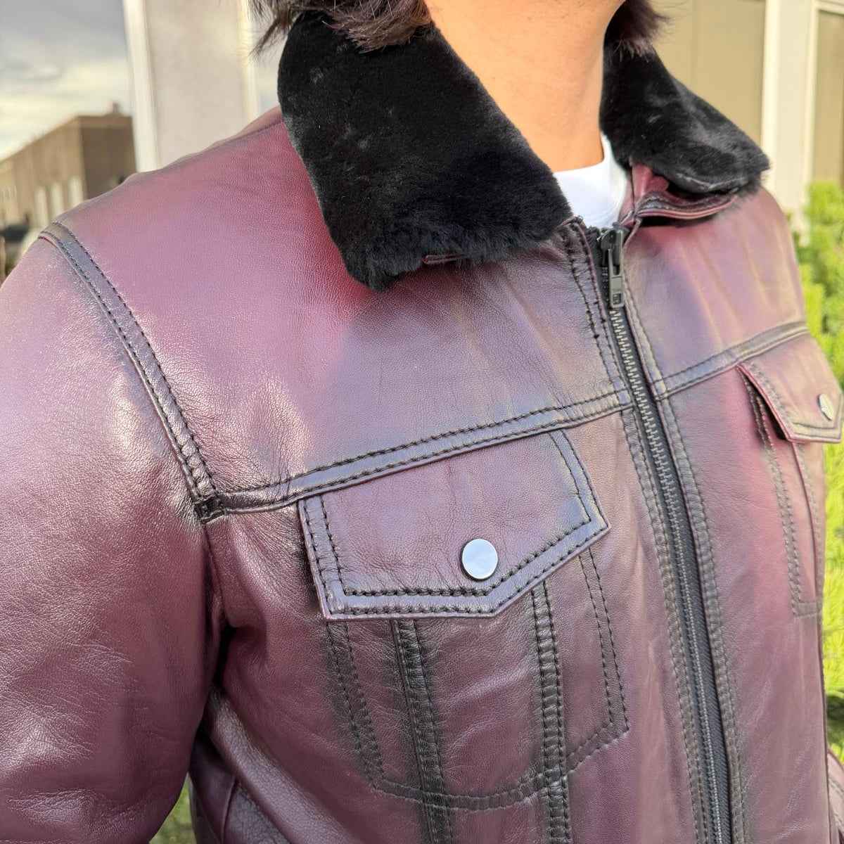 Men's Sheep Leather Jacket with Removable Fur Collar
