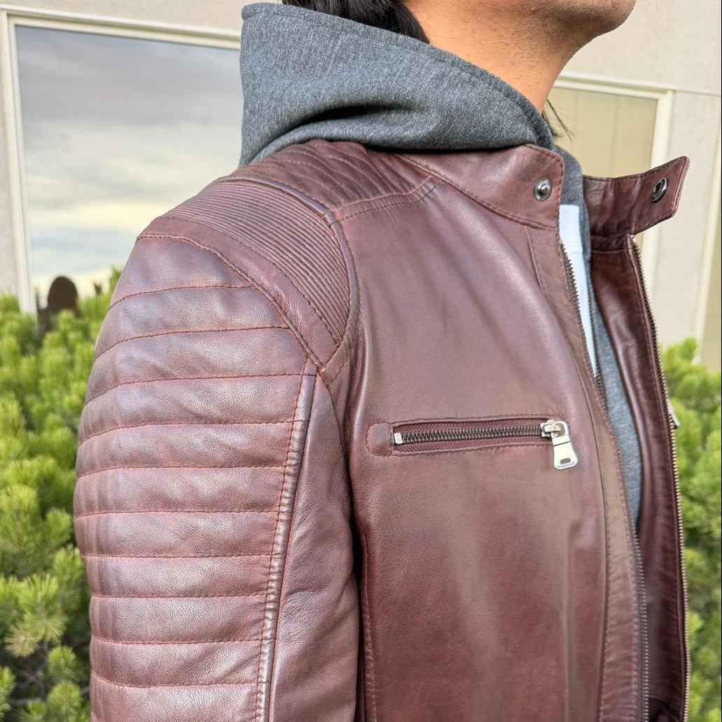 Men's Lamb Leather Jacket with Removable Hoodie