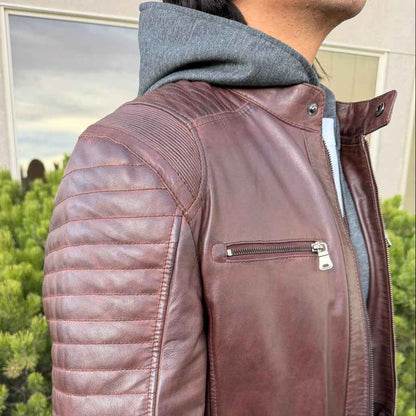Men's Lamb Leather Jacket with Removable Hoodie