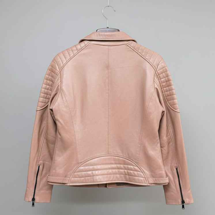Women's Lamb Leather Biker Style Jacket with Quilted Ribbed Shoulders