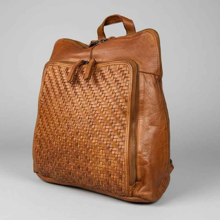 MET Classic Leather Backpack with Woven Front and Adjustable Straps