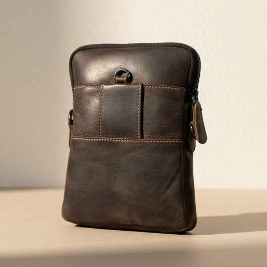 Greenwood Leather Mini Crossbody Bag. Premium 3-Zipper Travel Organizer