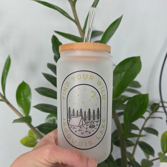 Find Your Wild Frosted Glass Can with Bamboo Lid | Custom Lake Drink Cup