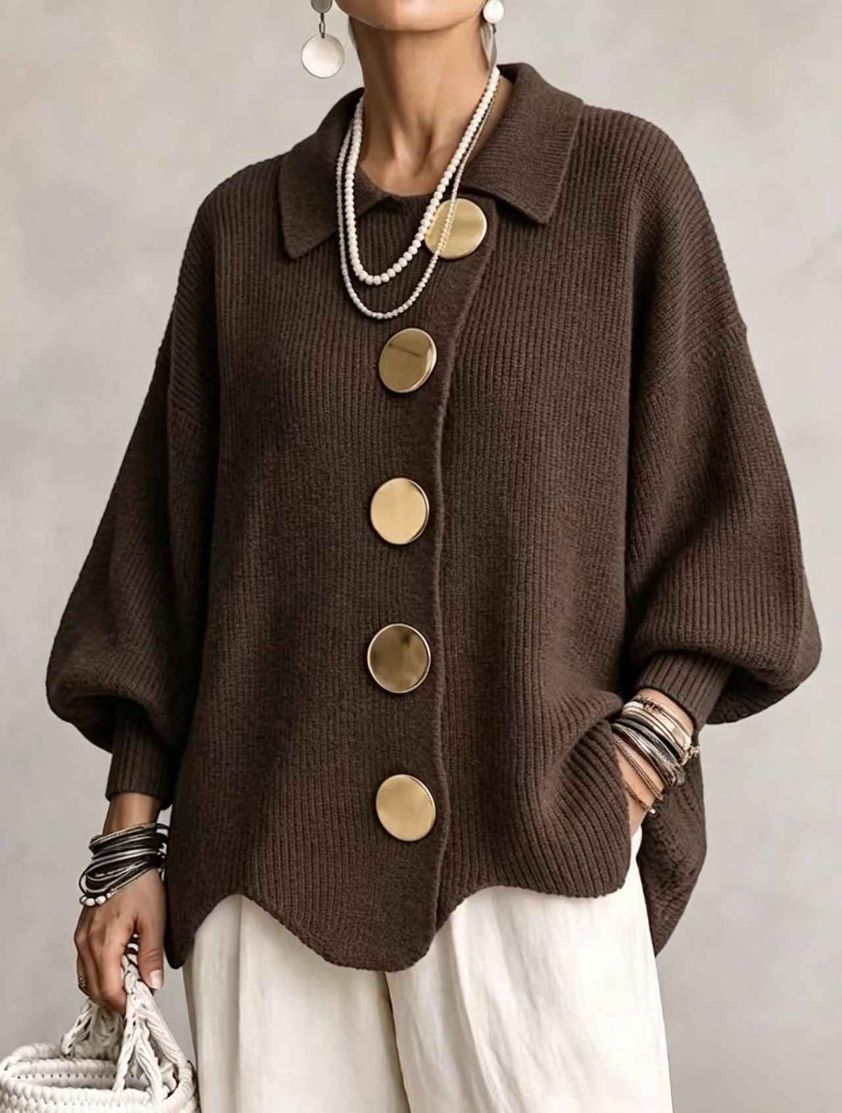Women’s Button-Down Knit Cardigan – Lapel Collar Long-Sleeve Loose-Fit Fall & Winter Sweater