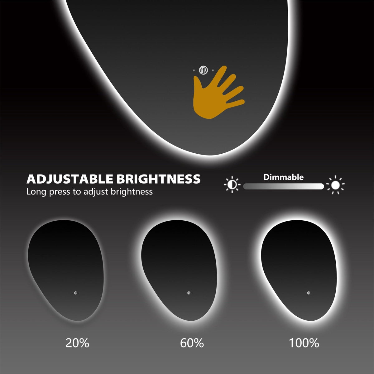 Asymmetrical Backlit LED Bathroom Mirror, Wave Sensor – 20"x28" / 24"x32"