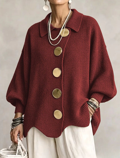 Women's button-down knit cardigan in red with gold buttons