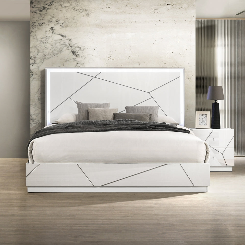 Pearl High Gloss LED Headboard Bed - White