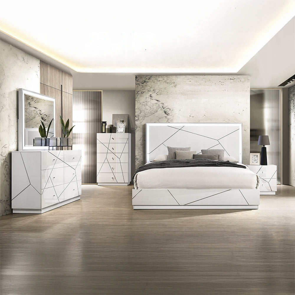 Pearl High Gloss LED Headboard Bed - White