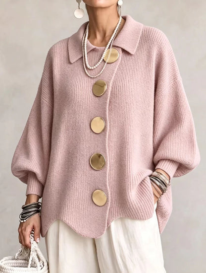 Women's button-down knit cardigan in pink with gold buttons