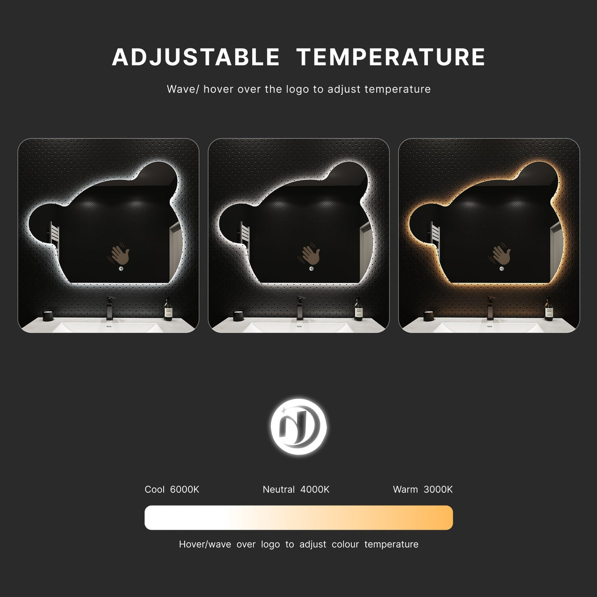 40" x 32" Bear Glow LED Bathroom Mirror, Wave Sensor, Anti-Fog, Dimmable