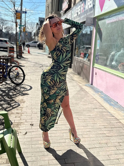 Big Buds One-Shoulder Slit Maxi Dress