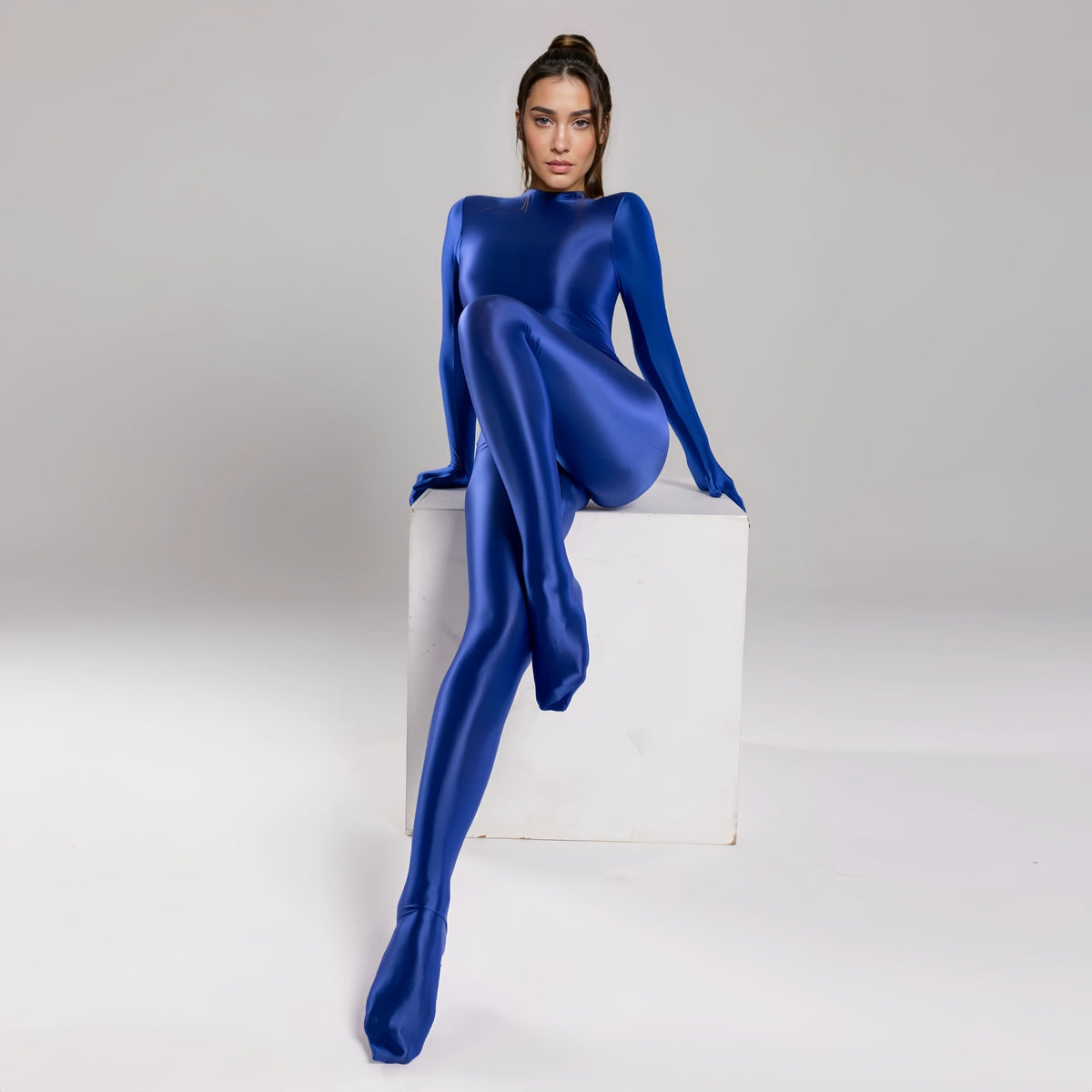 Spandex Nylon Full Bodysuit Zentai Shinny Cosplay Jumpsuit Attached Gloves