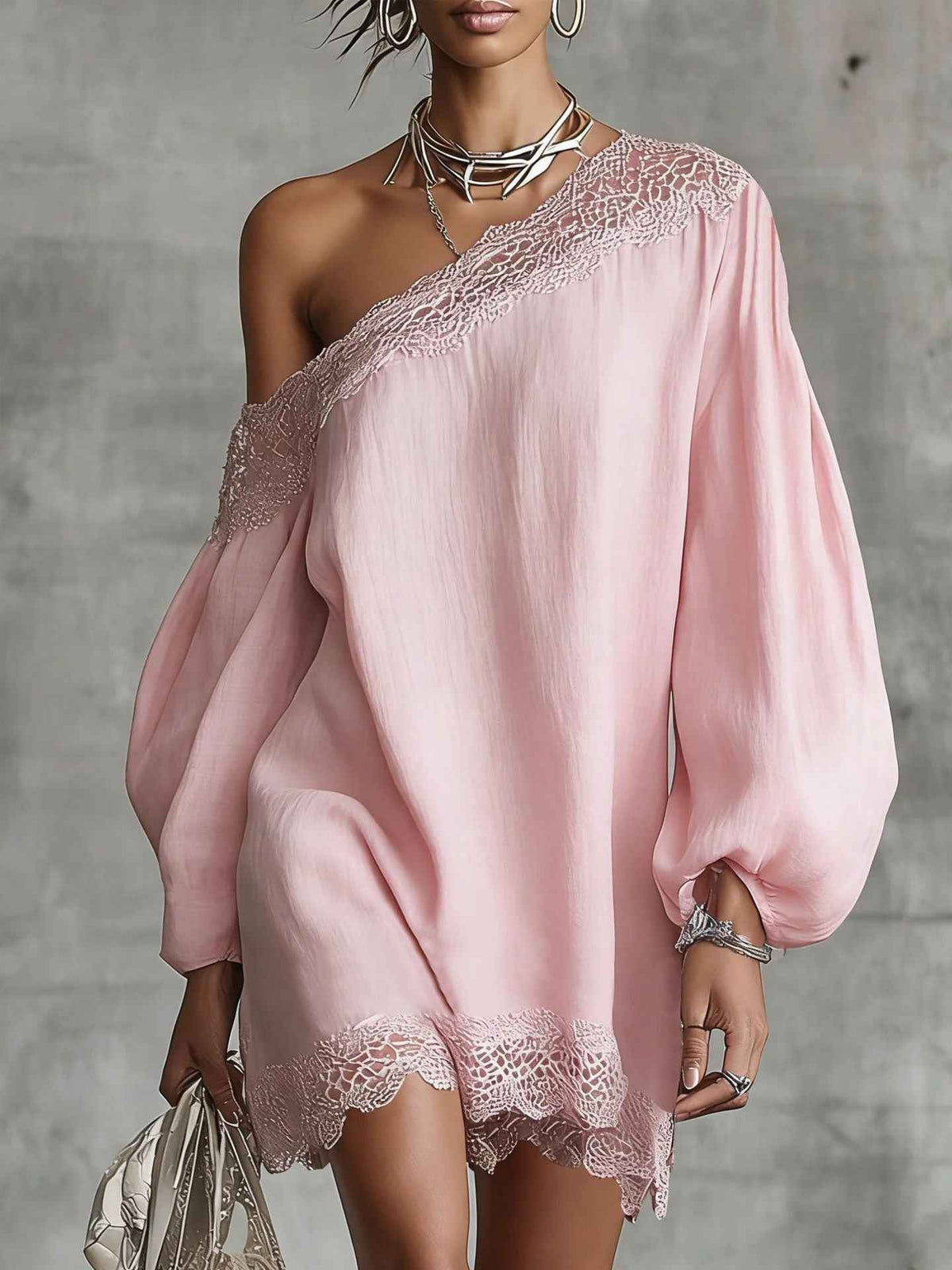 Solid-color Lace-trimmed Casual Off-shoulder Long-sleeve Top