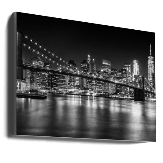 Manhattan Skyline and Brooklyn Bridge at Night Canvas Wall Art | MANHATTAN SKYLINE and BROOKLYN BRIDGE Idyllic Nightscape