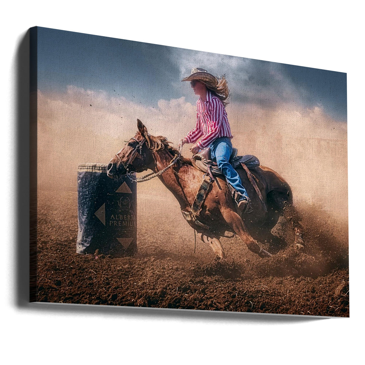 Cowgirl Barrel Racing in Dust Canvas Wall Art | Swift Brake and Turn