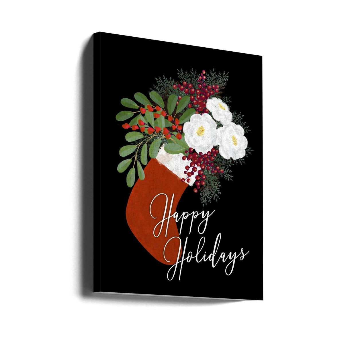 Wall art Floral Stocking Happy holidays in black Canvas Print