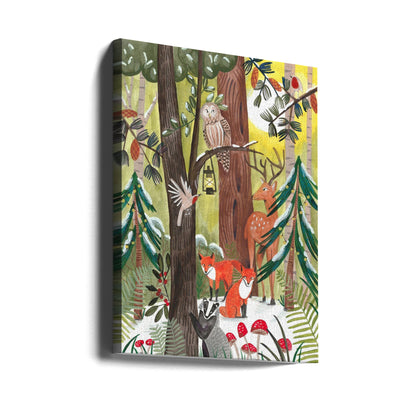 Wall art Green Christmas forest with animals Canvas Print