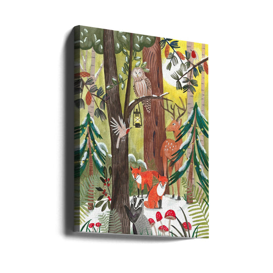 Wall art Green Christmas forest with animals Canvas Print
