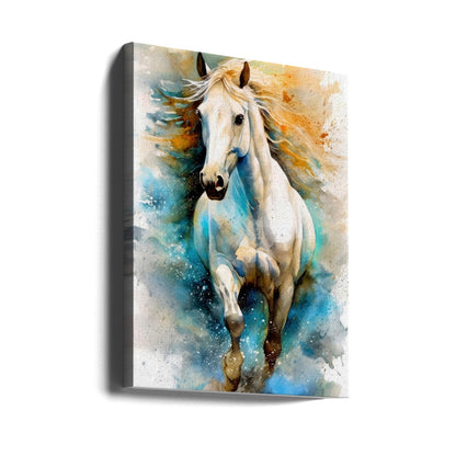 White Horse with Blue and Gold Watercolour Canvas Wall Art | Watercolor Horse (14)