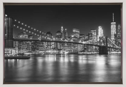 Manhattan Skyline and Brooklyn Bridge at Night Canvas Wall Art | MANHATTAN SKYLINE and BROOKLYN BRIDGE Idyllic Nightscape