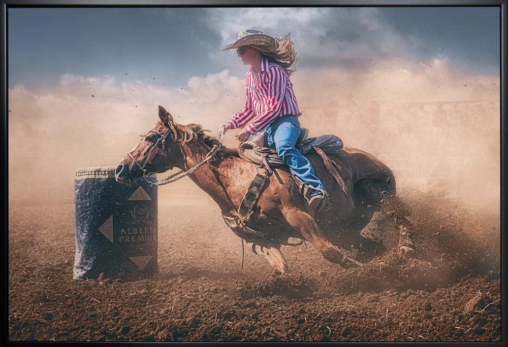 Cowgirl Barrel Racing in Dust Canvas Wall Art | Swift Brake and Turn