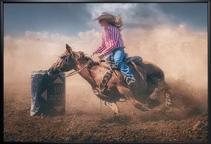 Cowgirl Barrel Racing in Dust Canvas Wall Art | Swift Brake and Turn