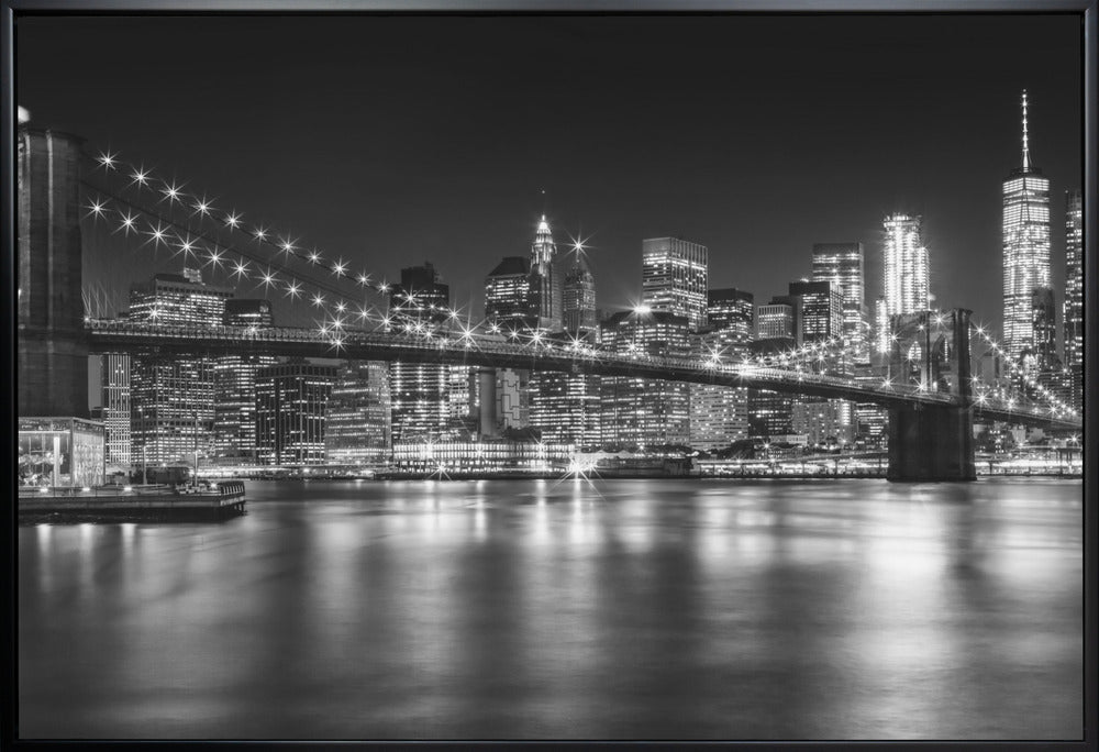 Manhattan Skyline and Brooklyn Bridge at Night Canvas Wall Art | MANHATTAN SKYLINE and BROOKLYN BRIDGE Idyllic Nightscape