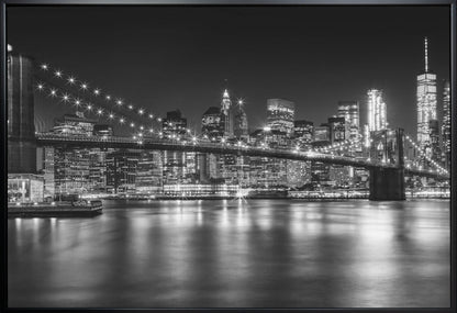 Manhattan Skyline and Brooklyn Bridge at Night Canvas Wall Art | MANHATTAN SKYLINE and BROOKLYN BRIDGE Idyllic Nightscape