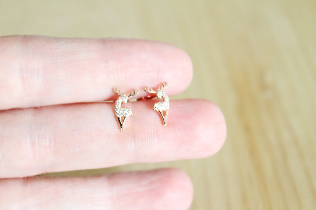 Posing Reindeer CZ Studs — Sterling Silver or Rose Gold Plated