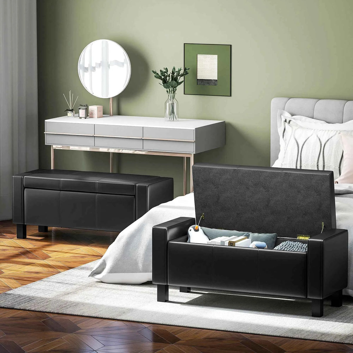 42-Inch Black Faux Leather Storage Ottoman Bench – Padded Footstool & Organizer Seat ( United States & Canada Delivery Only)