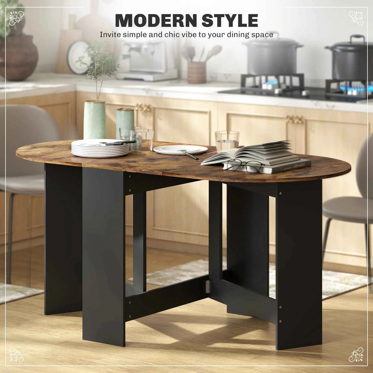 Rustic Brown Oval Folding Dining Table – Space-Saving Drop-Leaf Kitchen Table (United States & Canada Delivery Only)