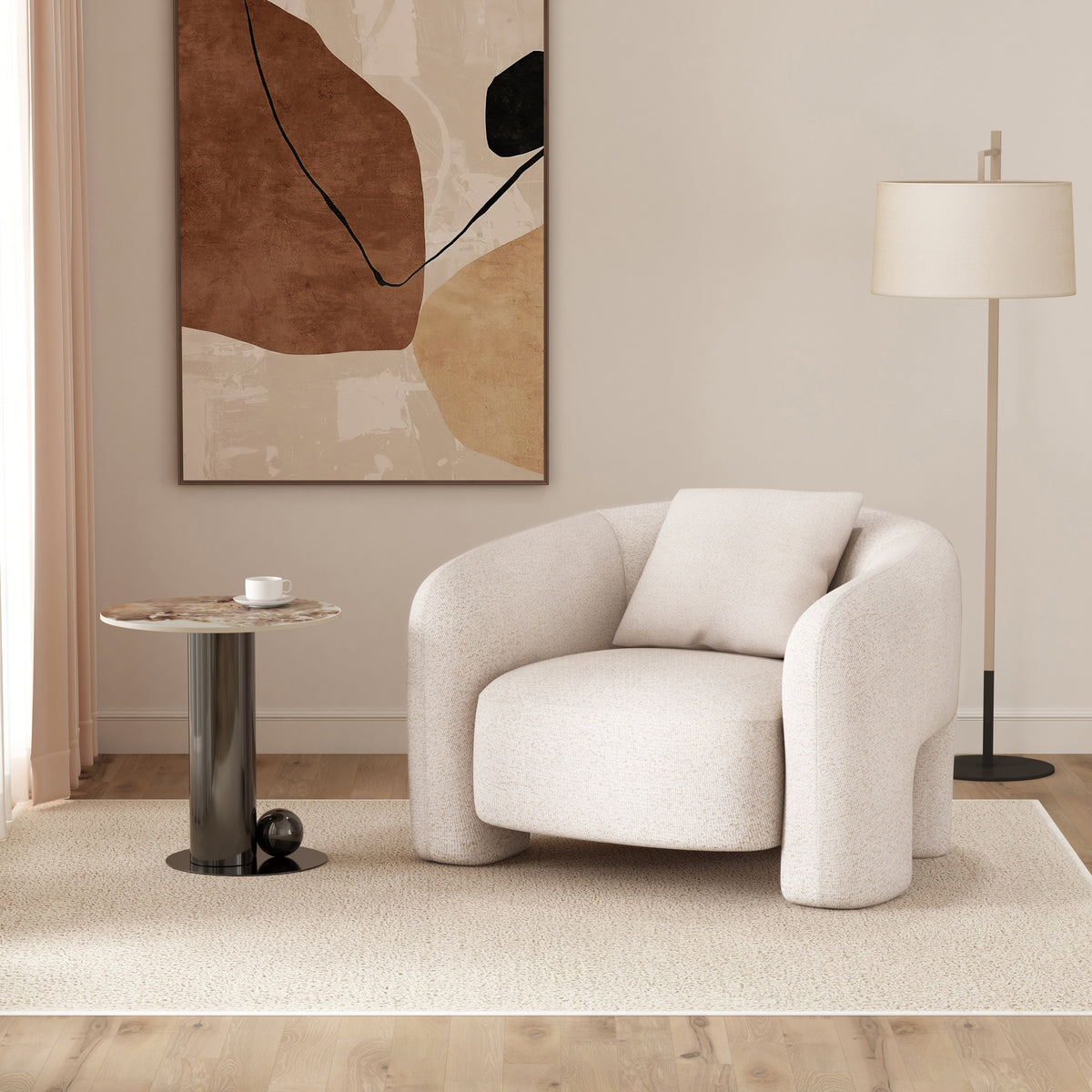 Chloe Pine Wood Tweed Accent Chair - Cream