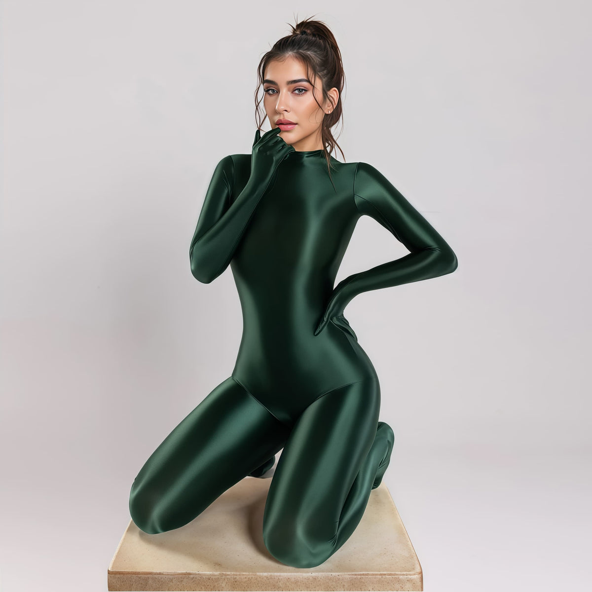Spandex Nylon Full Bodysuit Zentai Shinny Cosplay Jumpsuit Attached Gloves