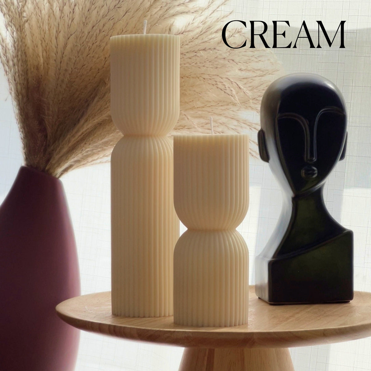 Ribbed Hourglass Pillar Candle: Sculptural Soy Wax Candle