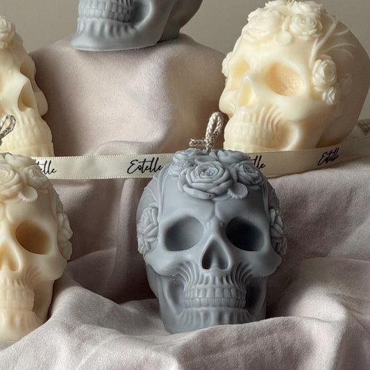 Handmade Halloween Flowers Skull Candle: Spooky Soy Wax Home Decor