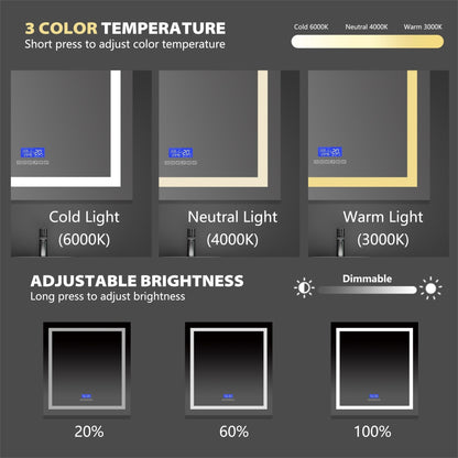24"–42" LED Bathroom Mirror with Bluetooth Speaker, Touch Sensor, Anti-Fog, 3-Color Light