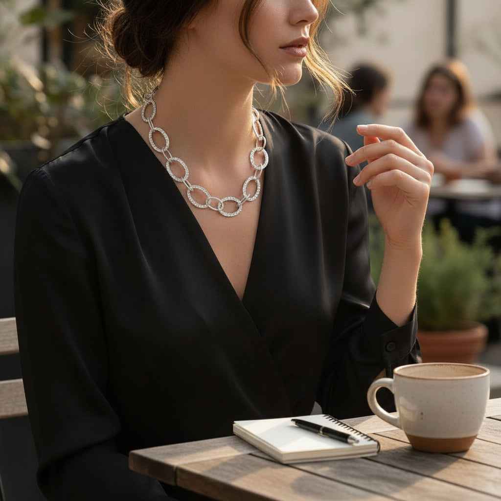 Linked Oval Necklace - Grey Stainless Steel